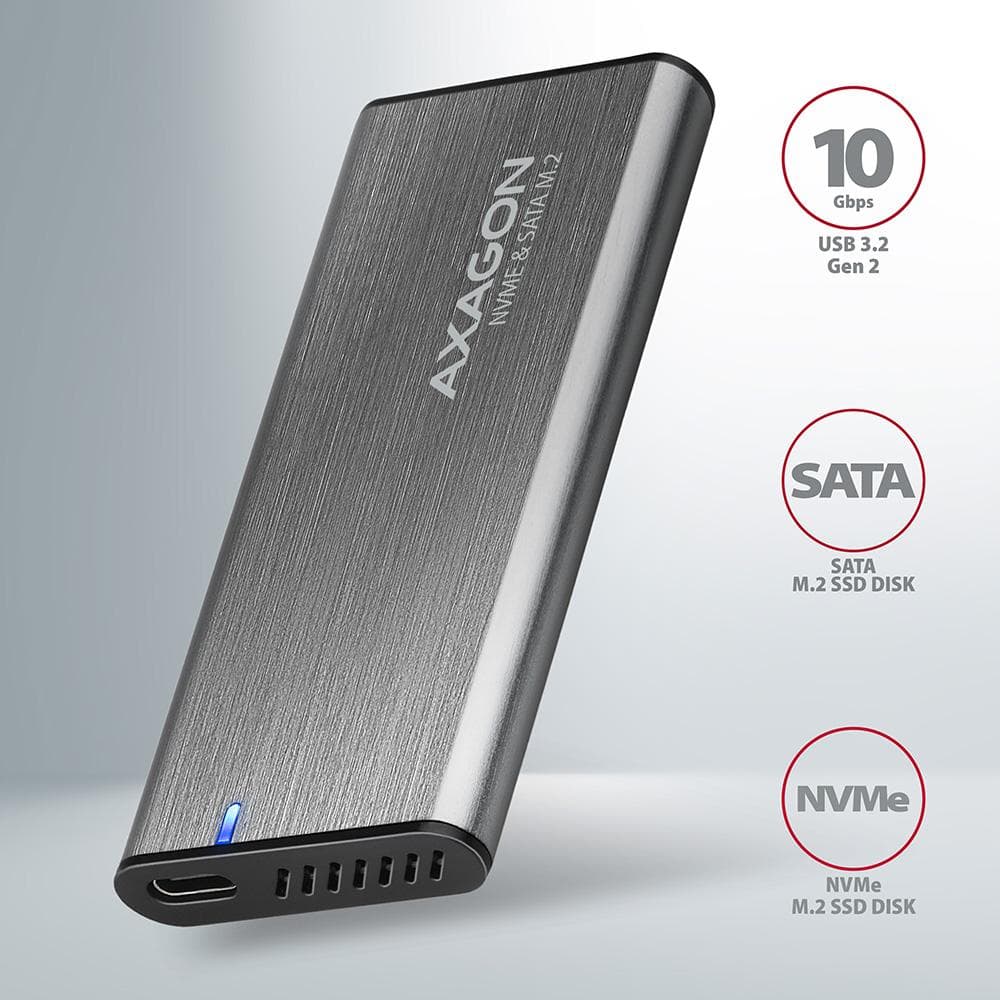 Obudowa zewnętrzna Axagon do dysk&amp;oacute;w M.2 NVMe &amp;amp; SATA SSD / USB-C 3.2 G2, 30-80mm szara