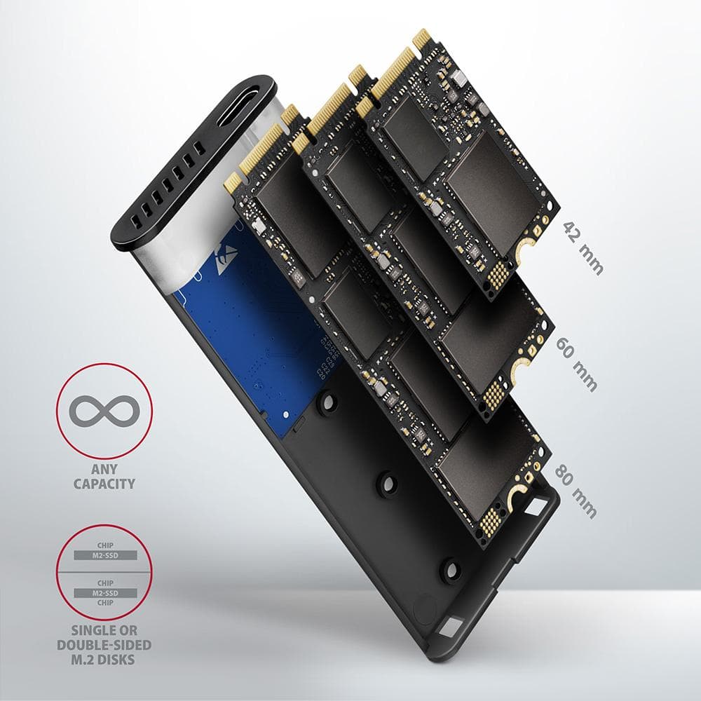 Obudowa zewnętrzna Axagon do dysk&amp;oacute;w M.2 NVMe &amp;amp; SATA SSD / USB-C 3.2 G2, 30-80mm szara