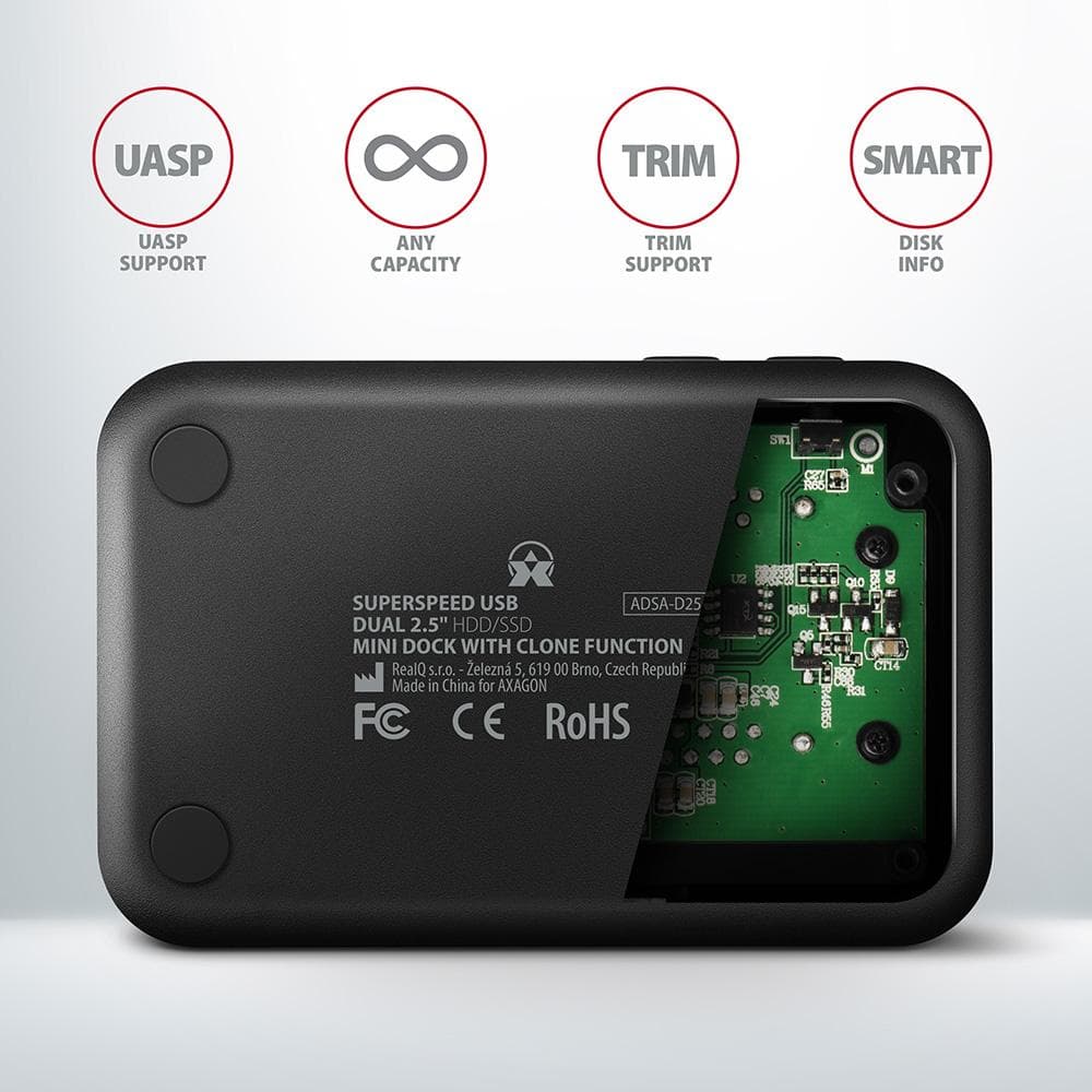 Stacja dokująca Axagon ADSA-D25 USB-A 3.2 Gen1 do 2x SATA 6Gbps 2,5&amp;quot; SSD/HDD z funkcją klonowania
