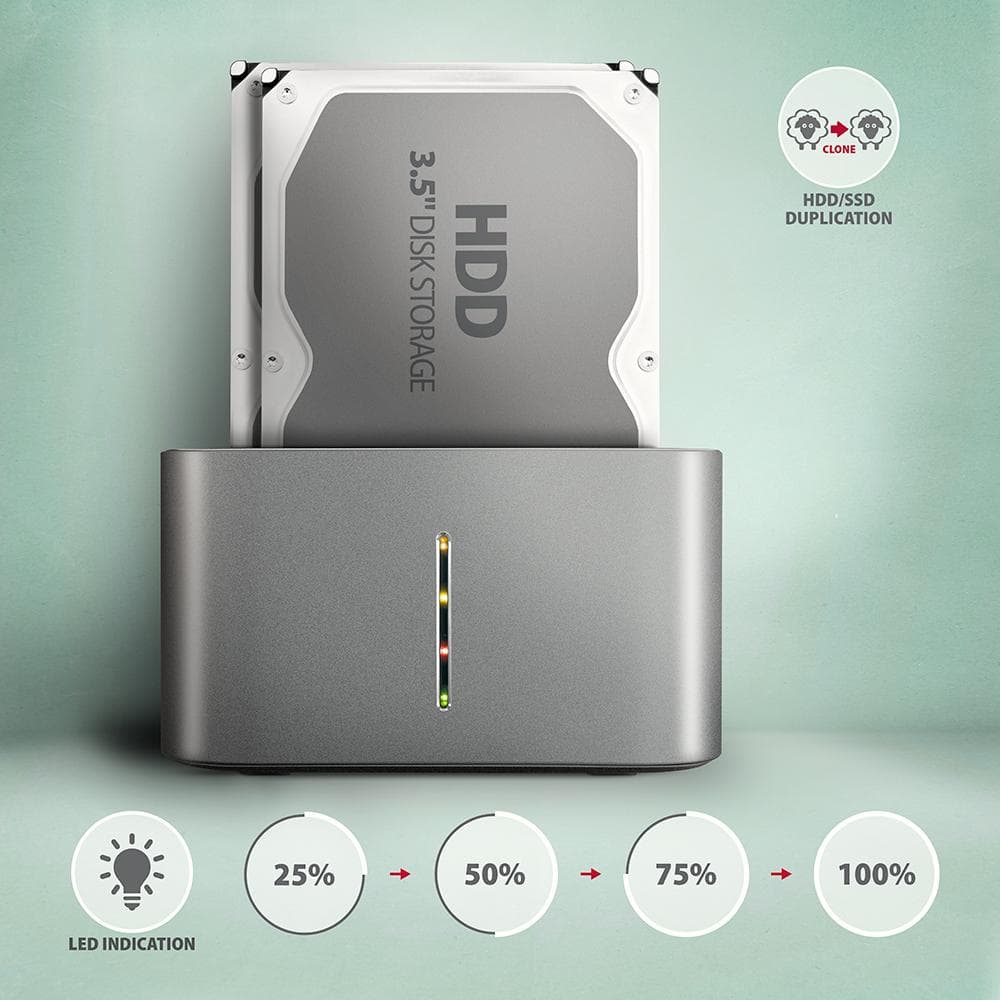 Stacja dokująca Axagon ADSA-DC USB-C 3.2 Gen1 do 2x SATA 6Gbps 2,5&amp;quot; SSD/HDD z funkcją klonowania