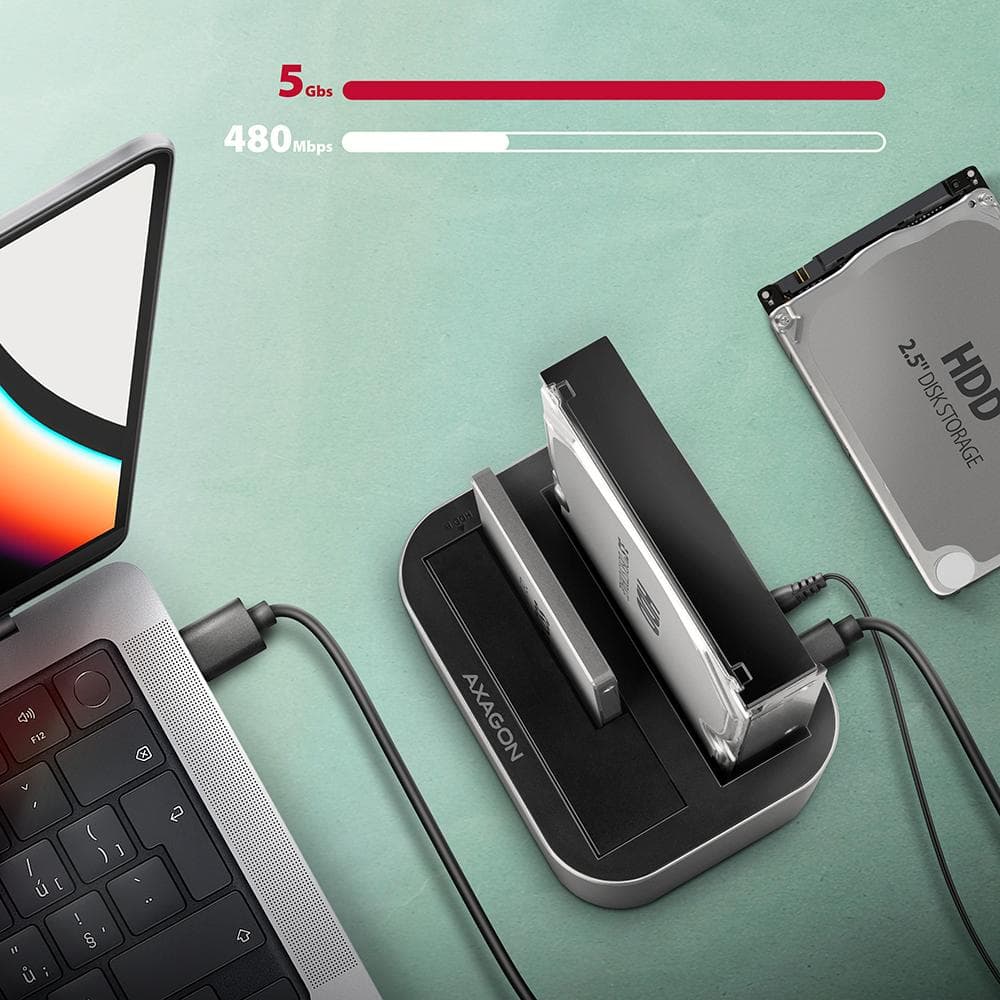 Stacja dokująca Axagon ADSA-DC USB-C 3.2 Gen1 do 2x SATA 6Gbps 2,5&amp;quot; SSD/HDD z funkcją klonowania