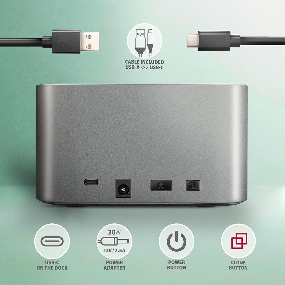 Stacja dokująca Axagon ADSA-DC USB-C 3.2 Gen1 do 2x SATA 6Gbps 2,5&amp;quot; SSD/HDD z funkcją klonowania