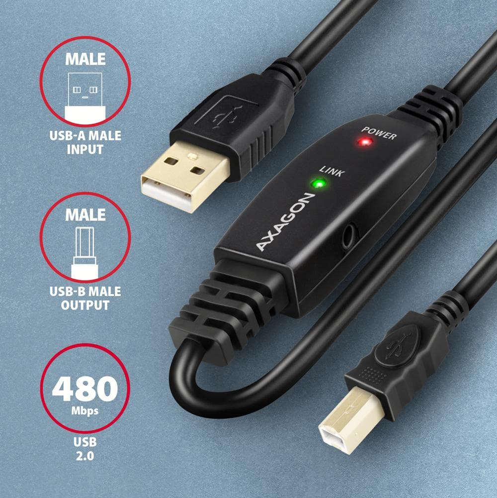Aktywny kabel połączeniowy/wzmacniacz USB 2.0 A-M -&amp;gt; B-M 10 m czarny Axagon
