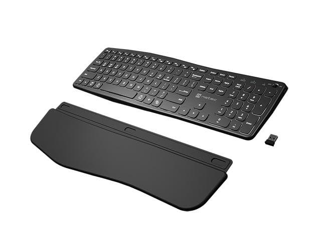 Klawiatura Ergonomczna PORIFERA, Slim, bezprzewodowa 2.4 GHz, BT 5.0,  podświetlana, czarna