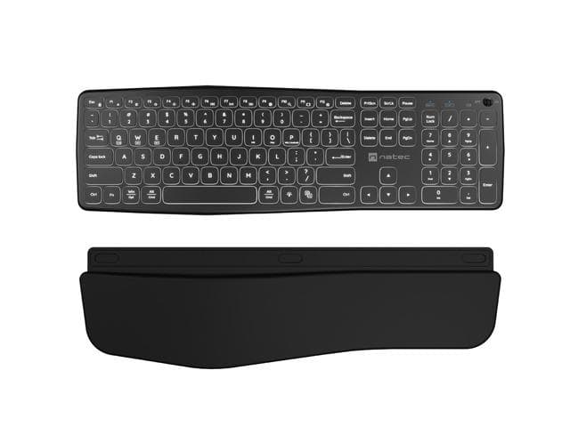Klawiatura Ergonomczna PORIFERA, Slim, bezprzewodowa 2.4 GHz, BT 5.0,  podświetlana, czarna
