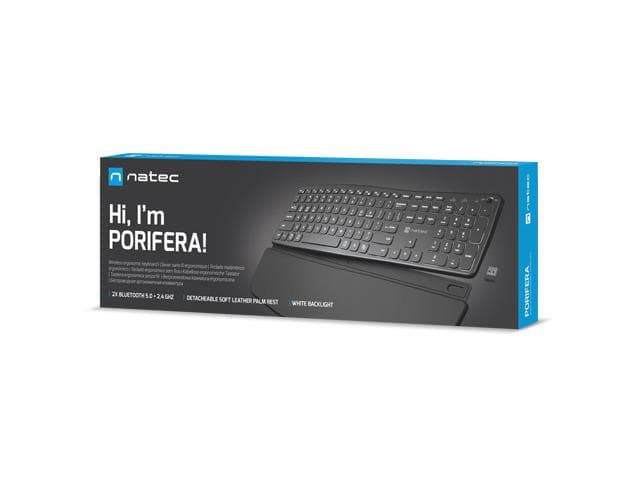 Klawiatura Ergonomczna PORIFERA, Slim, bezprzewodowa 2.4 GHz, BT 5.0,  podświetlana, czarna