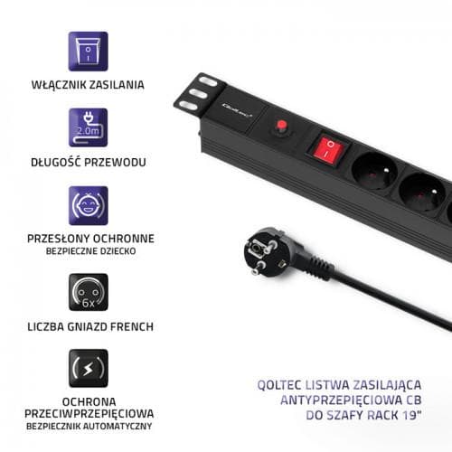 Listwa zasilająca antyprzepięciowa Qoltec do szafy RACK 19 1U 16A PDU 6xFRENCH 2m czarna